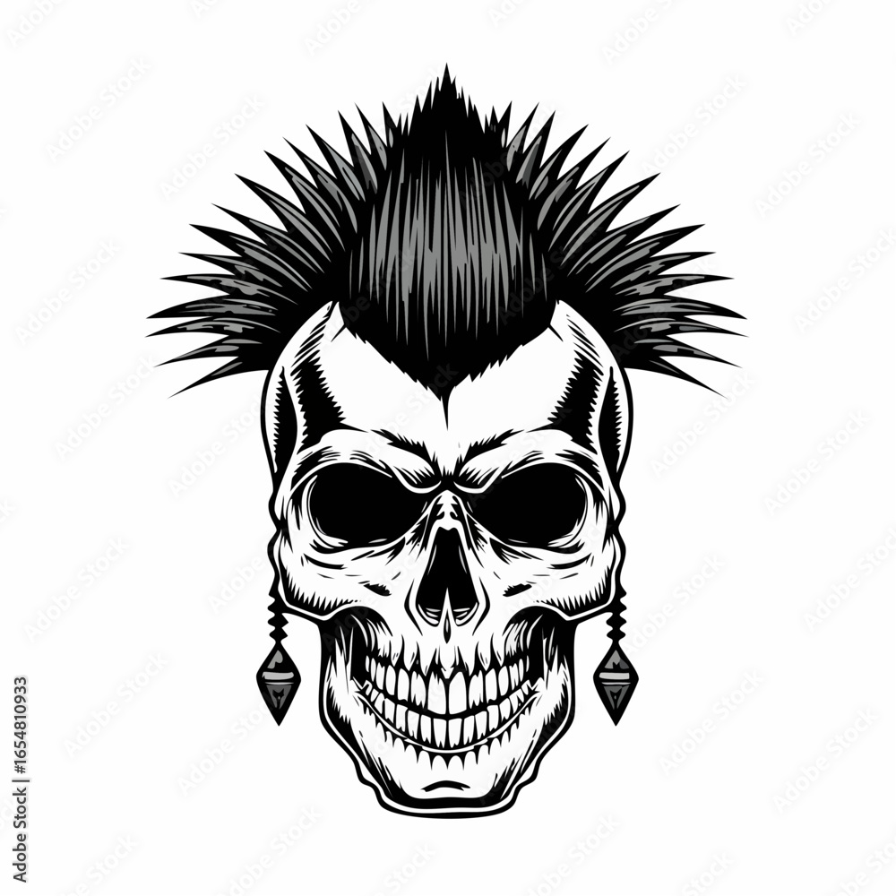 Obraz premium Punk music Skull with a mohawk hairstyle vector illustration isolated on white background.