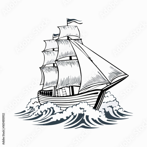 Vintage Sailing Ship on Ocean Waves Vector Drawing isolated on white background.