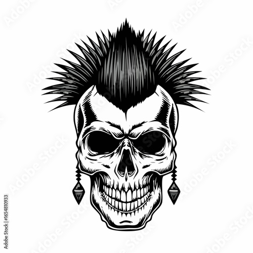 Punk music Skull with a mohawk hairstyle vector illustration isolated on white background.