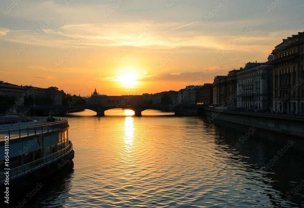 Naklejka premium Golden sunset reflecting on Naviglio Grande's calm waters, Milan, Italy, Milan
