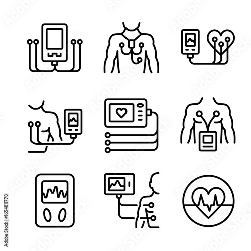 Holter Monitor Outline Icons Set. Portable ECG Monitoring. Dynamic ECG System. Digital Heart Rate Analyzer and Recorder. Medical symbols isolated on white background.