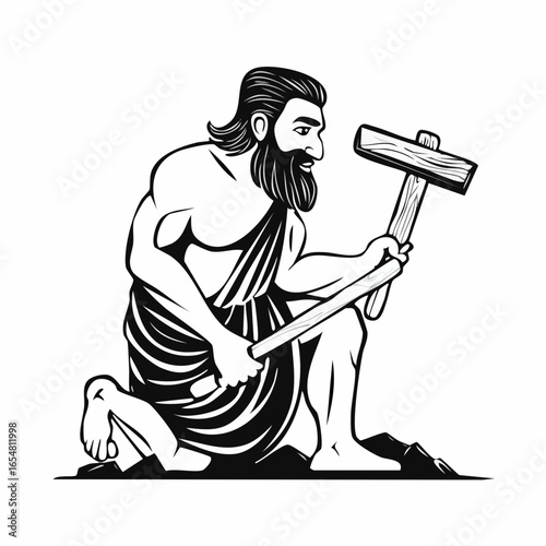Cave prehistoric man with stone hammer image vector isolated on white background.