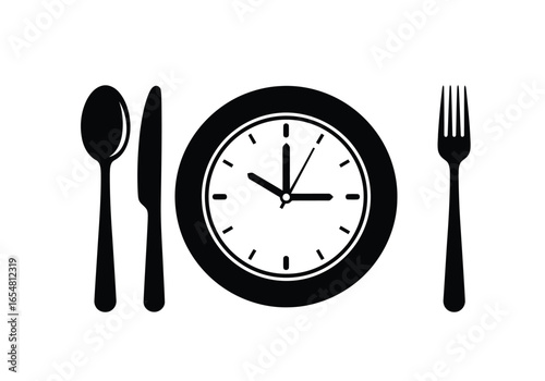 Clock with cutlery and plate symbolizing mealtime or appointment isolated on white background