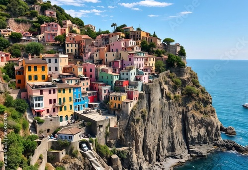 Vibrant houses cling to cliffs overlooking the Ligurian Sea in Manarola, Cinque Terre,  village,  coast