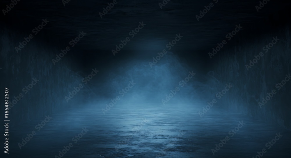 Fototapeta premium Eerie Blue Concrete Room with Foggy Atmosphere and Soft Lighting