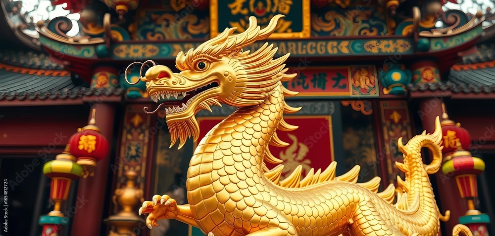 Fototapeta premium Serene golden dragon statue in ornate Chinese shrine, rich textures, red, home