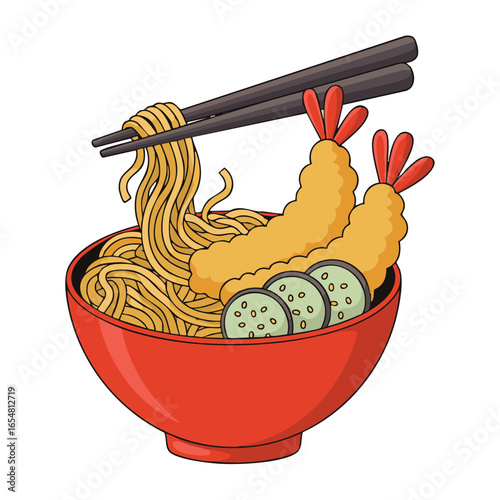 Delicious Tempura Udon Noodle Bowl with Chopsticks Ready to Eat Asian Cuisine Illustration