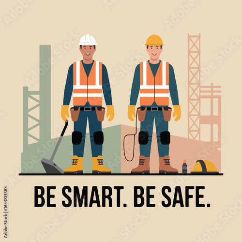Two construction workers standing side by side with safety gear in front of a construction site scene