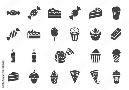Assortment of sweet treats and fast food icons in a simple graphic style isolated on white background