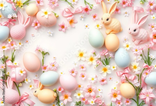 Pastel colored eggs, bunnies, spring flowers, and ribbons in a repeating design,  decoration,  background