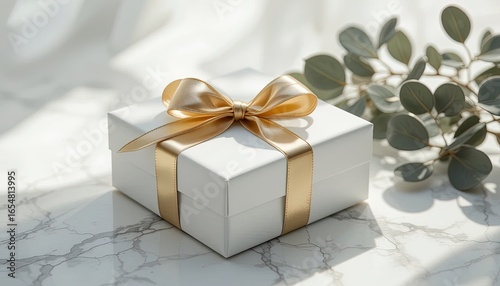A sophisticated white gift box with gold ribbon, resting on a marble surface, is enhanced by a soft natural light and a delicate eucalyptus sprig.