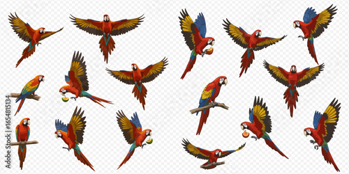 A collection of illustrated scarlet macaw parrots in various dynamic poses, flying with wings spread, perched on a branch, and holding fruit.
