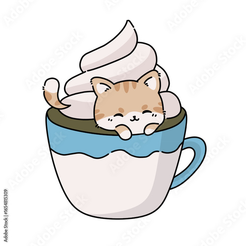 cat with a cup of coffee and whipped cream vector illustration art 