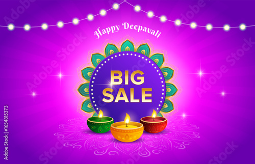Indian festival of lights with light bulb. Happy Diwali or Deepavali pink purple background. Diwali celebration banner design template. Vector illustration.