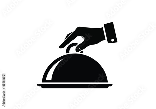 A black icon of a hand lifting a serving dish cloche on a white background