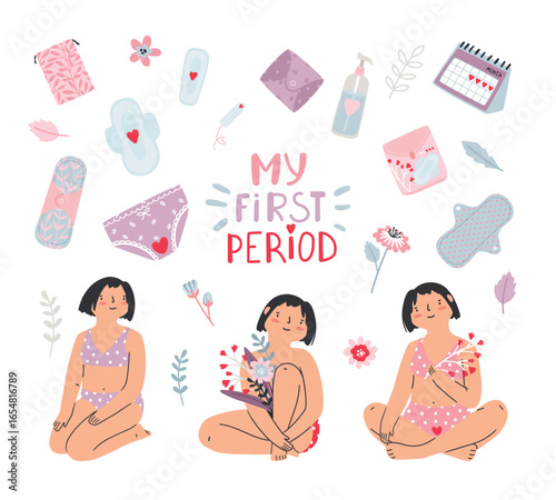 Female hygiene products for menstrual cycle with cute girls. Critical days vector set