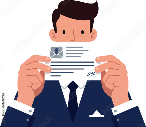Businessman holding resume job application document vector illustration in suit and tie 