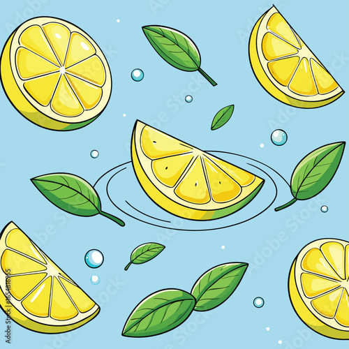 lemon slices and mint leaves in water  .eps