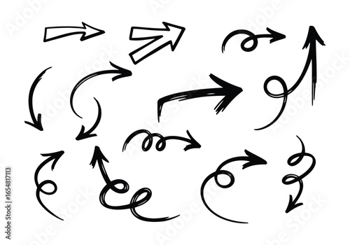 A collection of handdrawn black arrows indicating various directions and movements on white