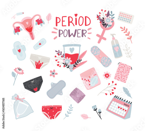 Vector collection of female hygiene products for menstrual cycle