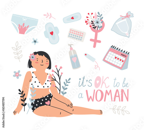 Vector set of female hygiene products for menstrual cycle with cute girl
