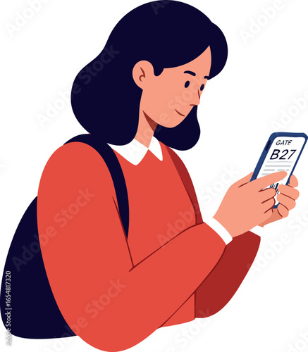 Woman in red sweater checking flight boarding pass on smartphone vector illustration 