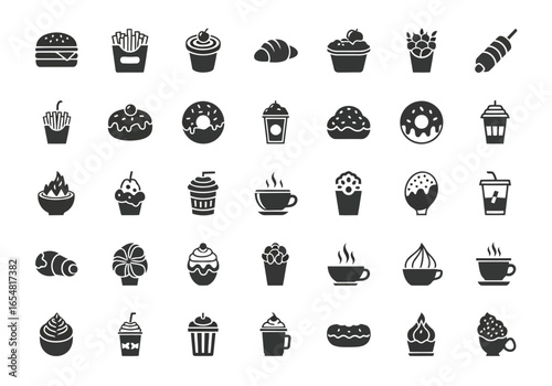 Assortment of popular fast food and sweet treat icons, including drinks and desserts
