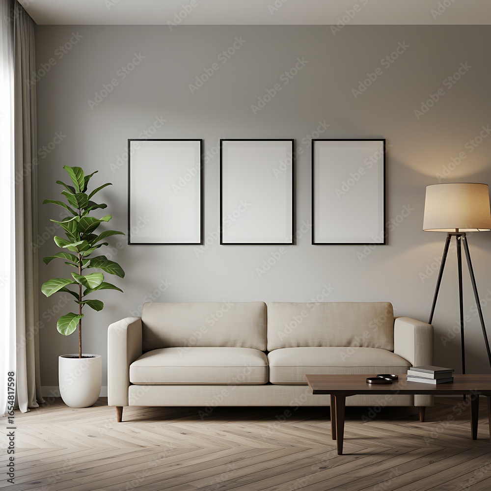 Fototapeta premium Modern Living Room Interior with Beige Sofa Three Blank Frames and Fiddle Leaf Fig Creating a Calm Atmosphere for Relaxation