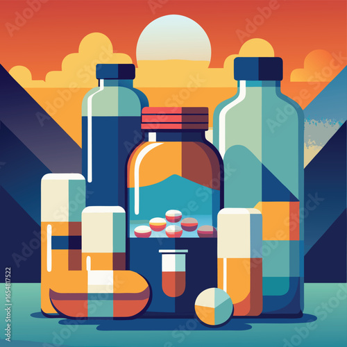 pill bottles and capsules in bright colors  .eps