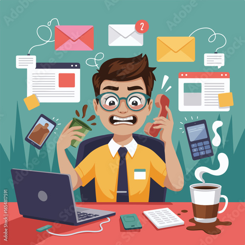 Illustration of a stressed man at a desk surrounded by technology and overflowing emails and tasks
