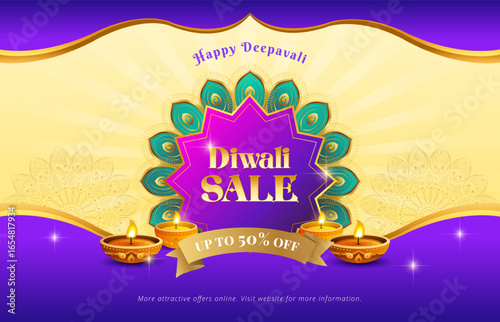 Indian festival of lights. Happy Diwali or Deepavali wavy sale background. Diwali celebration banner design template. Vector illustration.