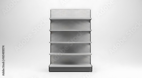 Empty Retail Display Shelving Unit Against White Background, Minimalist Design.