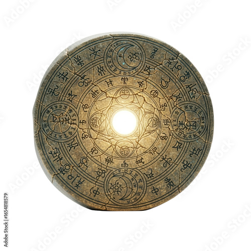 Ancient stylized sun disc sculpture of aged muted gold stone with dark teal engravings and ethereal inner luminescence, isolated on transparent background, concept of timeless wisdom and mystical