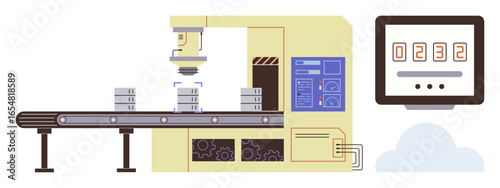 Robotic arm sorting items on conveyor belt, industrial machinery, and digital counter display. Ideal for manufacturing, automation, industry 4.0, robotics, process efficiency logistics simple flat