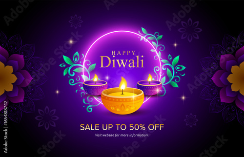 Indian festival of lights. Creative happy Diwali or Deepavali sale background with floral. Diwali celebration banner design template. Vector illustration.
