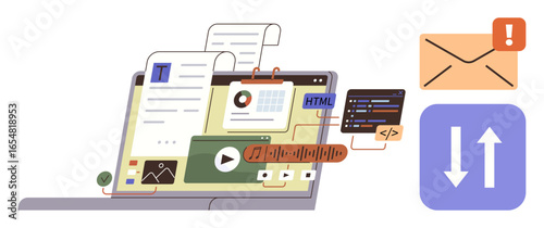 Laptop displaying documents, graphs, HTML code, video, and audio editing tools. Additional icons include data exchange and email alert. Ideal for communication, teamwork, coding technology