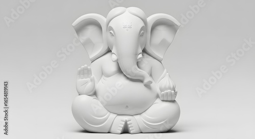 White Ganesha Statue, Hindu Deity Sculpture on Minimalist Background, Symbol of Wisdom and Prosperity
