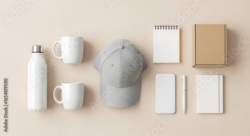 Flat Lay Mockup of Promotional Items on Beige Background