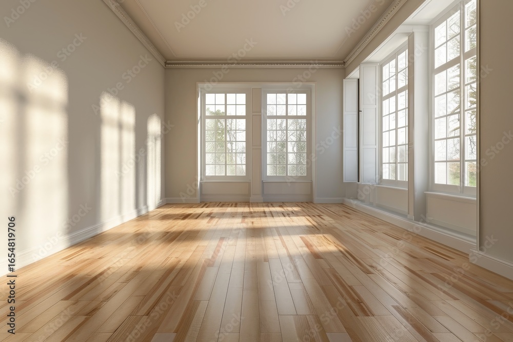 Fototapeta premium A sun-drenched, empty room with large windows showcasing a serene outdoor view.