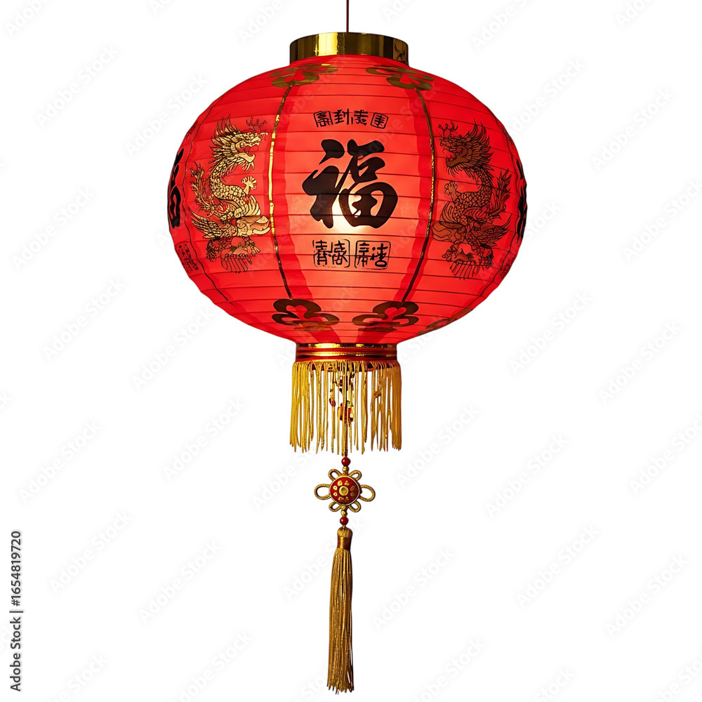 Obraz premium Festive Red Chinese Lantern Illuminating the Darkness with Intricate Dragon Designs and Golden Tassels Symbolizing Good Fortune and Celebration