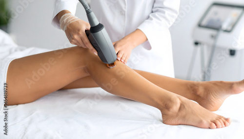 Cosmetic specialist performing professional laser hair removal treatment on smooth female legs in a modern spa clinic for skincare and beauty