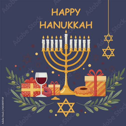 Happy Hanukkah banner, vertical cards, background, posters set. Modern vector design for traditional holiday. Menorah, dove, candles and dreidel illustrations
