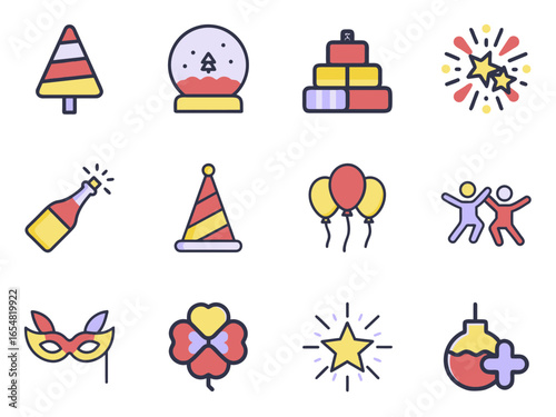 New Year vector flat icons on transparent background