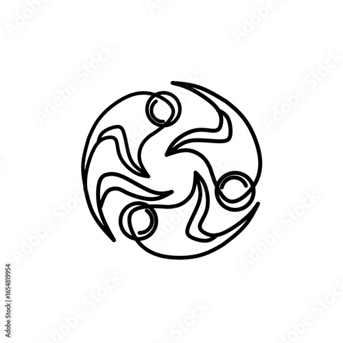 Minimalist line art of a circular abstract symbol featuring four intertwined human figures, representing unity, teamwork, community, connection, and collaboration.