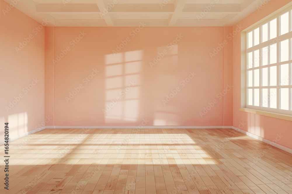 Obraz premium A sun-drenched, empty room boasts a light peach hue and a warm wooden floor.