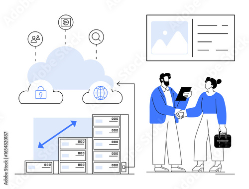 Two professionals shaking hands near cloud, data servers, and scalability concept icons. Ideal for technology, business partnership, teamwork, digital transformation, cloud services, IT solutions
