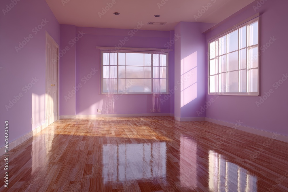 Obraz premium A sun-drenched, empty room with pale purple walls, reflecting sunlight on a polished wooden floor.