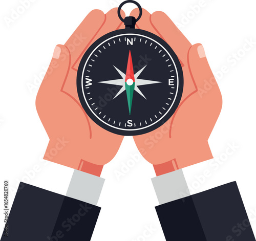 Hands holding compass navigation device for direction guidance vector illustration 
