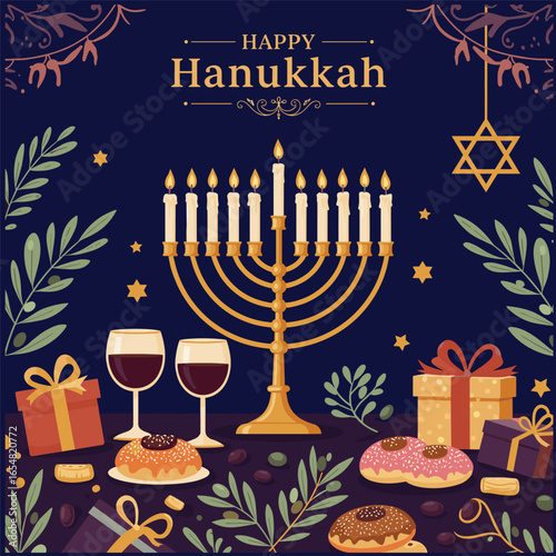 Happy Hanukkah banner, vertical cards, background, posters set. Modern vector design for traditional holiday. Menorah, dove, candles and dreidel illustrations