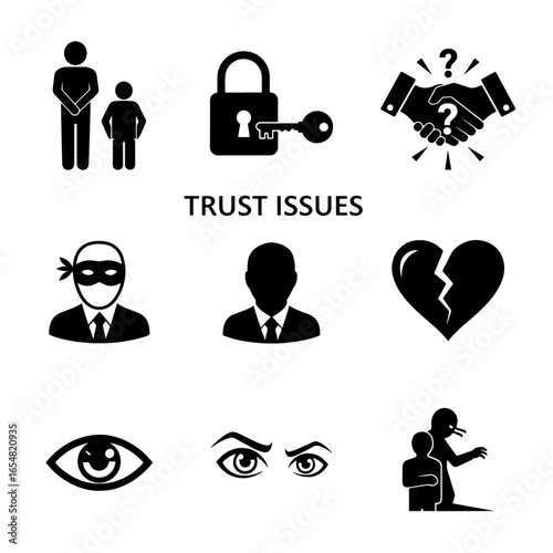 Trust issues relationships problems security betrayal deception suspicion infidelity icon set vector illustration